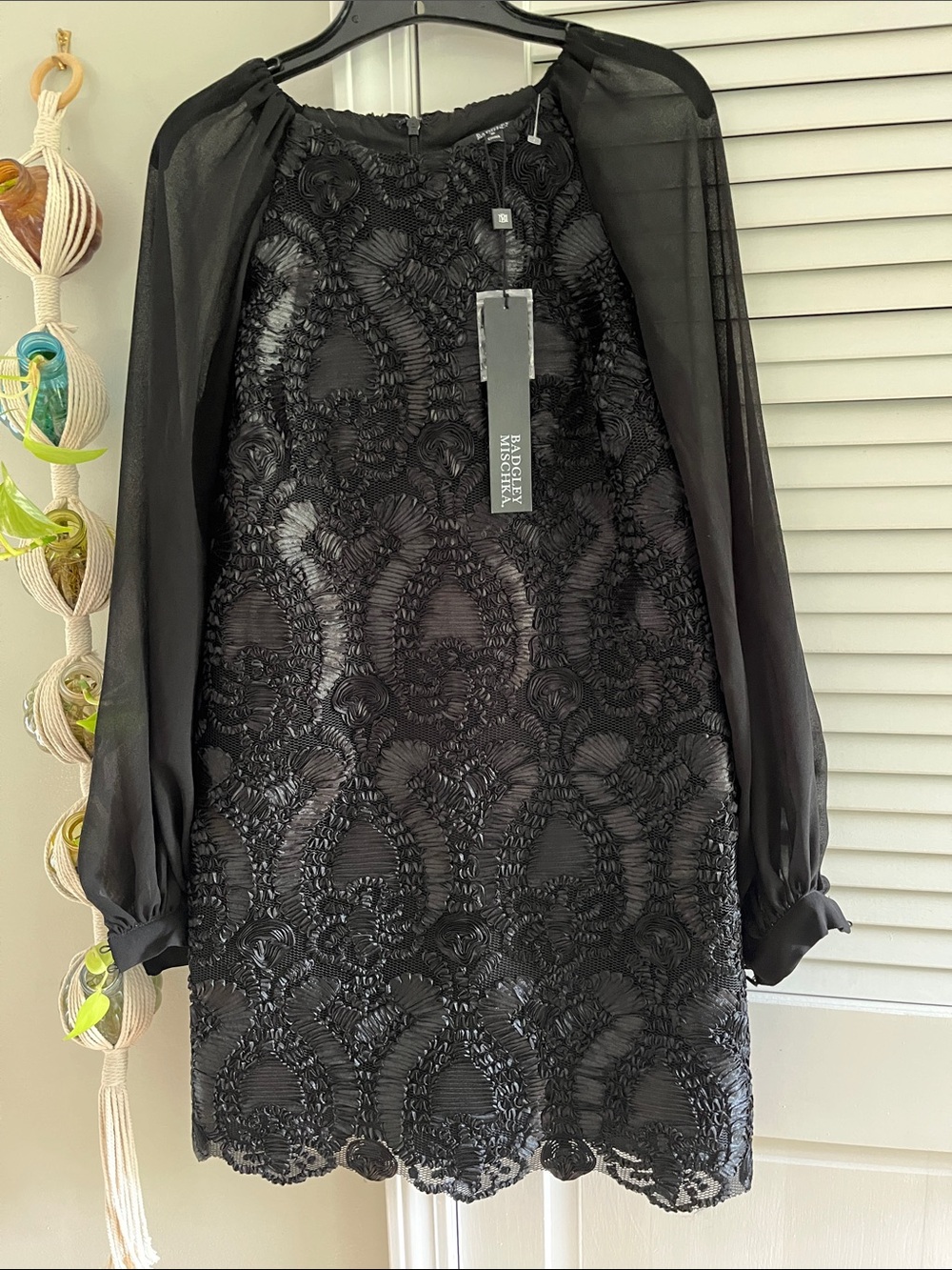 Badgley Mischka Black Embroidered Long-Sleeve Cocktail Dress